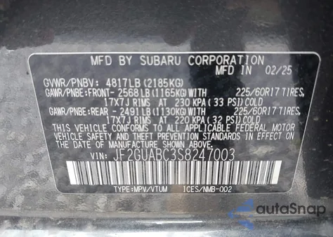 2025 Subaru Crosstrek z USA, uszkodzony, nr VIN JF2GUABC3S8247003